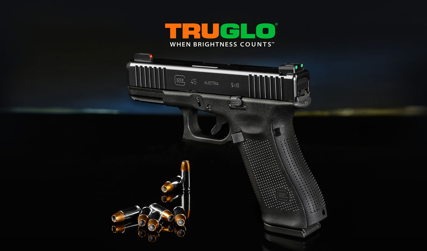 Black Glock G45 with Truglo Fiber Optic sights fitted_red and green